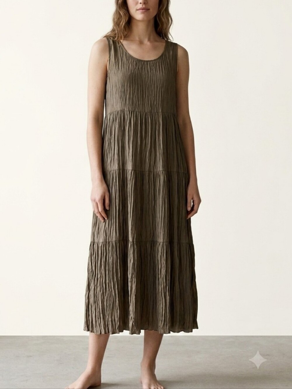 Eileen Fisher Silk Crushed Habutai Tiered Midi Dress Taupe S/M